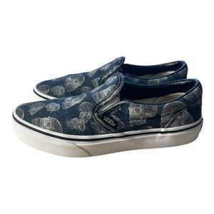 Vans Kids Skull Shoes Wireframe Blue Canvas Classic Slip On Sneakers Size 3